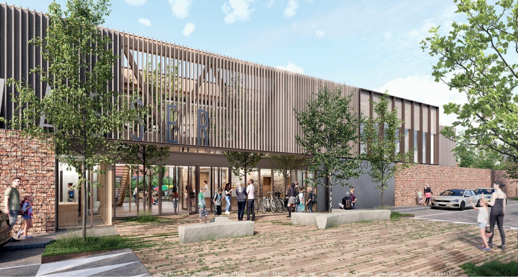 Un parvis dégagé avec en arrière plan un bâtiment neuf bardé de bois de 2 étages.