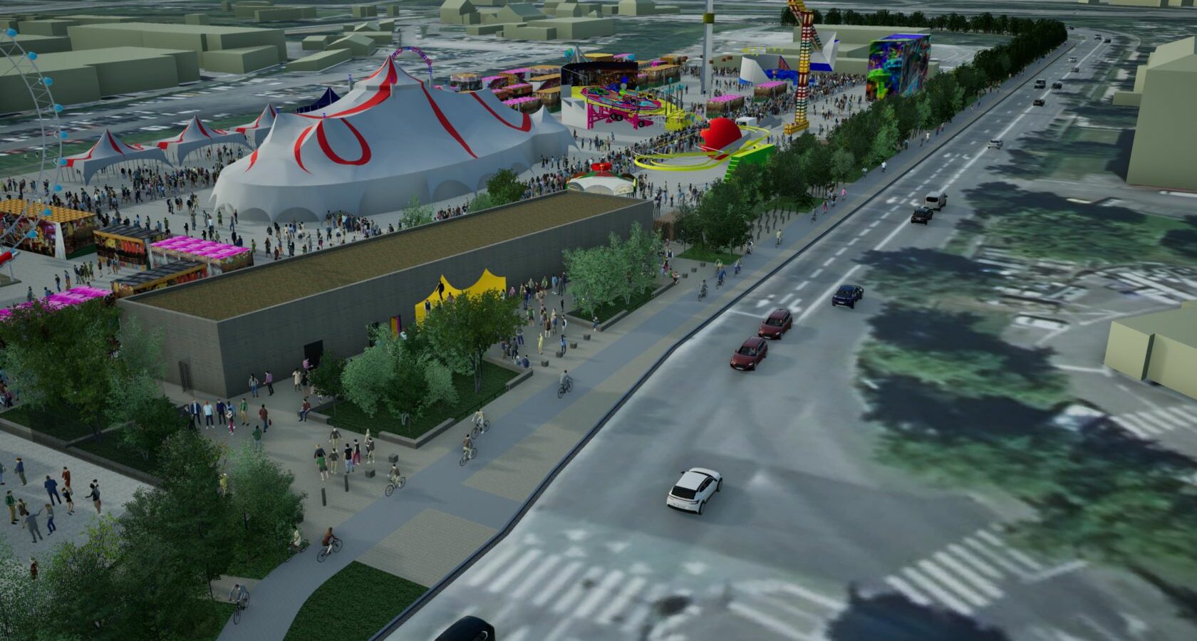 On voit des chapiteaux, un pavillon d'accueil et des attraction sur un espace aménagé pour recevoir des fêtes le long de la route